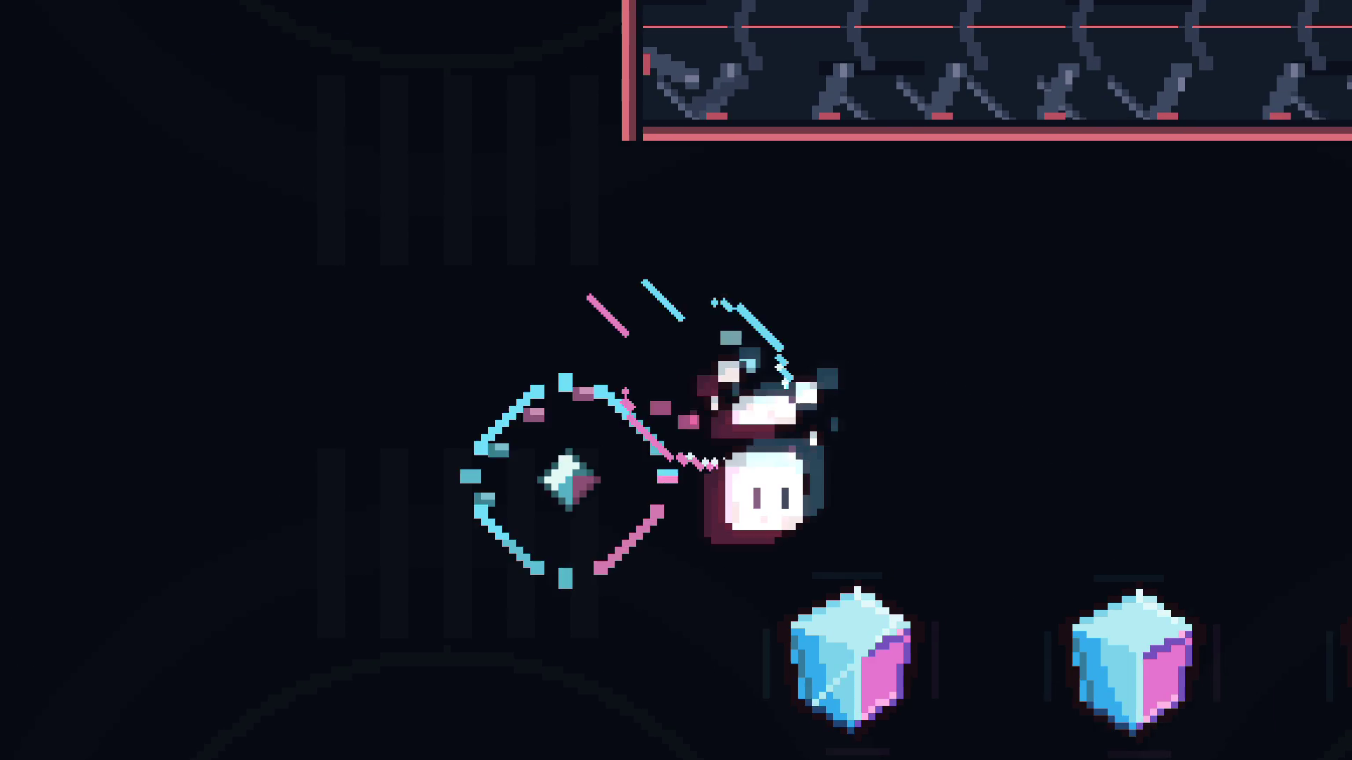 Actual Polarity gameplay: the inverted runner bursts toward a dash refill under a hazard wall.