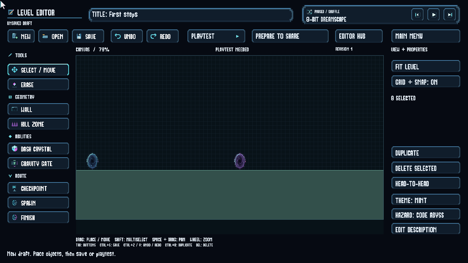 Native level editor canvas with an early starter draft, object palette, save and playtest controls.