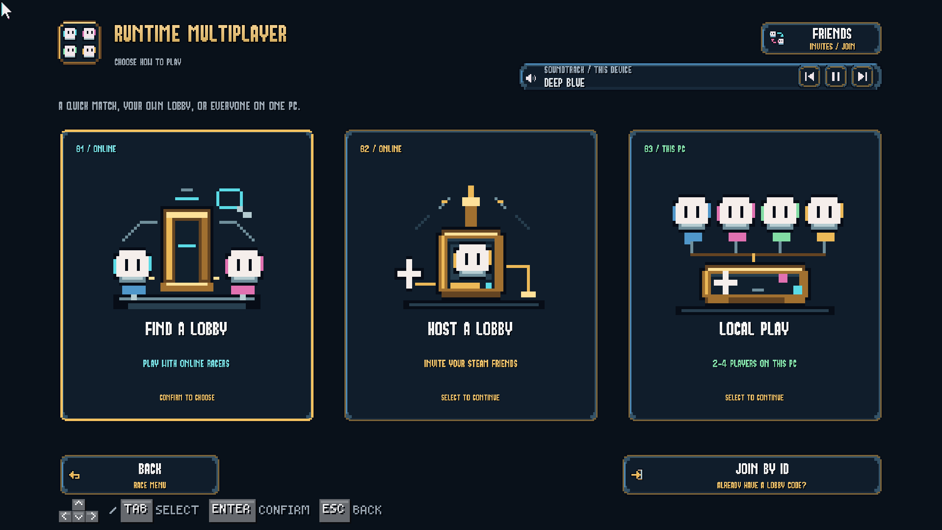 Existing RUNTIME multiplayer gateway with Find, Host and Local entry options.